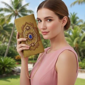 Gilded Elegance: Antique Gold Silk Book Bag Adorned with Lapiz Gemstone Gilded Elegance: Antique Gold Silk Book Bag Adorned with Lapiz Gemstone