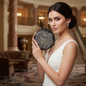 Regal Roar: Handmade Lion Face Black Leather Clutch with Onyx Elegance