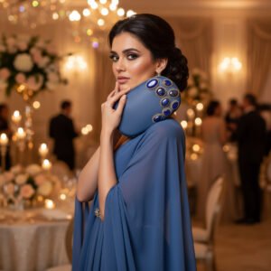 Blue Elegance: Oval Leather Clutch Adorned with Lapis Lazuli Gemstones