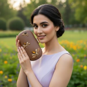 Enchanting Elegance: Oval Frame Clutch with Tiger Eye & Onyx Stone Zardosi Work