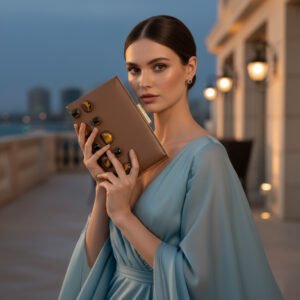 Sleek & Serene: Rectangular Brown Leather Clutch with Tiger Eye and Black Onyx Embellishments