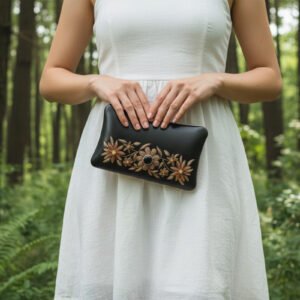 Floral Enchantment: Handmade Black Leather Clutch with Exquisite Indian Zardosi Embroidery