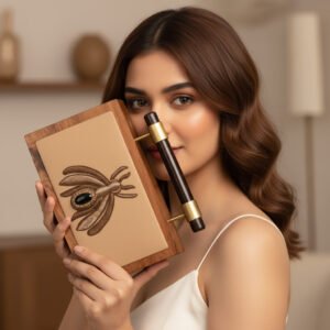 Enchanted Hive: Rectangular Wooden Frame Leather Clutch with Bee Pattern, Top Handle & Onyx Gemstone