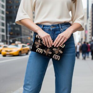 Black Velvet Bee Pattern Book Bag: Embroidered Elegance with Onyx Beads