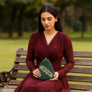 Enchanted Forest" Egg-Shaped Velvet Clutch: Onyx, Garnet & Tiger Eye Embroidery