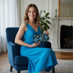 Exquisite Black & Turquoise Fusion Clutch: Velvet and Silk, Adorned with Pearl, Rose Quartz, and Turquoise Gemstones