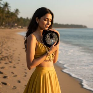 Midnight Splendor: Round Black Velvet Clutch with Labradorite Elegance