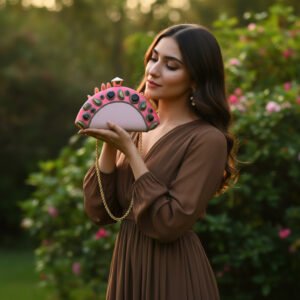 Pink Silk Splendor: D-Shaped Clutch with Onyx and Labradorite Gemstones