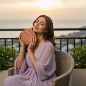 Radiant Sunset: Carrot Velvet Clutch Adorned with Sand Stone & Pearl Gemstones