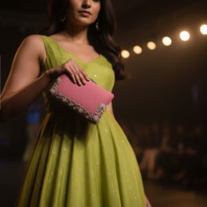 Pink Velvet Elegance: Hand-Embroidered Clutch with Pearl & Garnet Gemstones
