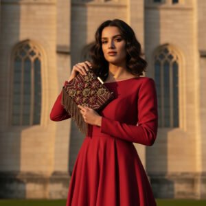Exquisite Brown Velvet Hand Clutch: A Fusion of Elegance with Sandstone and Tiger Eye Gemstones