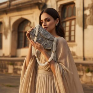 Grey Velvet Elegance: Boat Shape Clutch with Zardosi & Labradorite, Onyx Gemstones