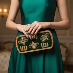 "Bee-utifully Crafted: Handmade Wooden Frame Bee Embroidered Clutch with Green Velvet and Gemstone Adornments"