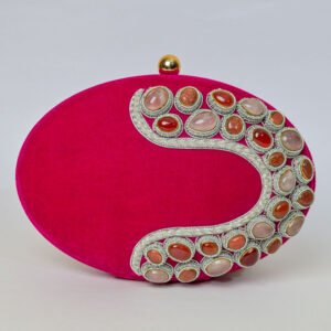 Rosy Serenity: Oval Velvet Pink Clutch Embellished with Rose Quartz, Carnelian & Sand Stone Gemstones