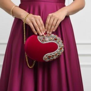 Rosy Serenity: Oval Velvet Pink Clutch Embellished with Rose Quartz, Carnelian & Sand Stone Gemstones