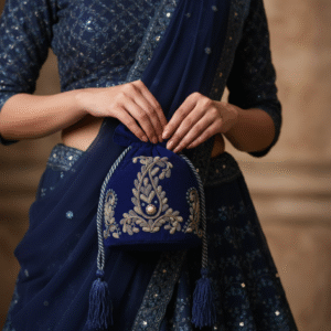 Ethnic Velvet Potli Bag with Bead Strands and drawstring, handmade Indian potli bag, wedding favor bag